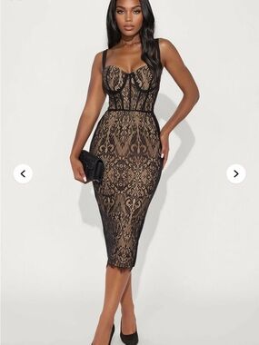 Black Lace Sheath Midi Dress with Nude Lining
